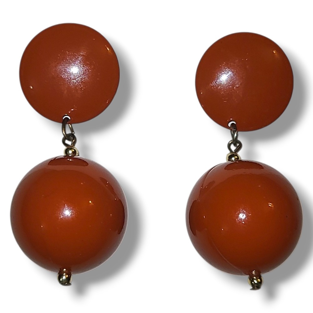 Vintage 80s Big Chunky Drop Earrings Orange Lucite‎ Ball Pierced Retro Mod